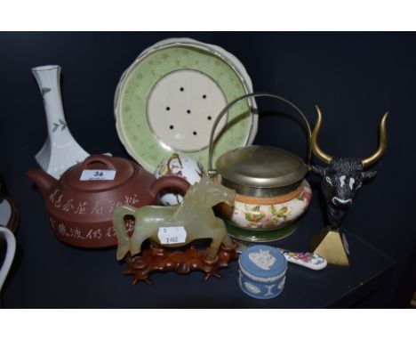 A mixed lot of vintage ceramics including Jade horse on stand,AF, Aynsley vase,Wedgwood lidded pot and more.