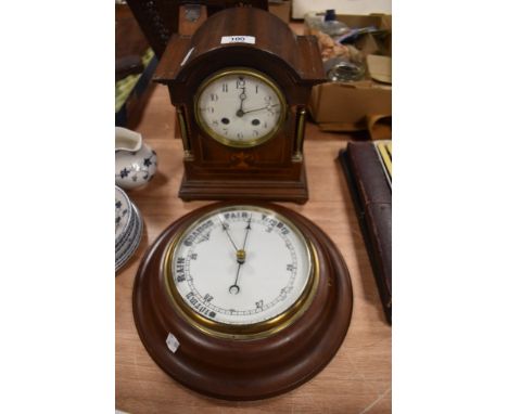 An Edwardian chiming mantle clock with inlaid detail to case and a vintage barometer.
Condition Report - both untested