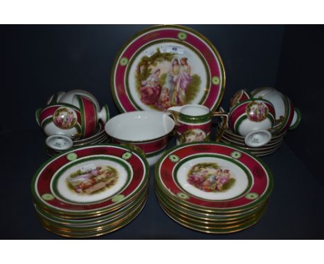 A collection of vintage Czechoslovakia Epiag china having classic scenes and green and red border included are cups and sauce