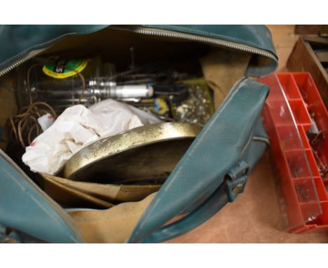 A selection of vintage hand working tools and a BOAC aircraft bag