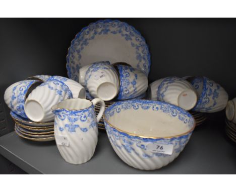 A collection of antique china having blue transfer pattern, included are plates,cups and saucers,basin and jug.