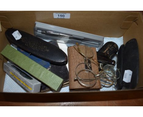 A selection of vintage wire rimmed glasses and similar styles,also included are other items such as a pen, purse and prayer b