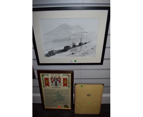 A vintage frame, a framed photograph of a convoy of vintage trucks and similar.