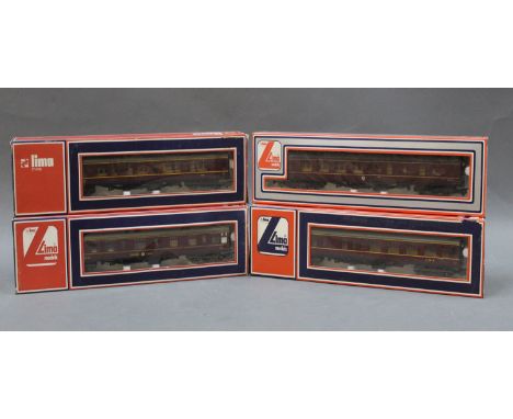 A group of 4 boxed Lima 00 gauge coaches: an LMS Mk1 corridor composite coach, an LMS dining car, and two Mk1 brake coaches i