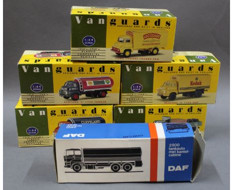 A group lot of 5 Vanguards 1/64 scale die cast model trucks and a DAF die cast model lion car (No. 67)