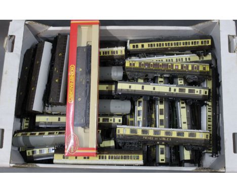 A box of miscellaneous 00 gauge coaches, comprising Hornby, Lima, Airfix, and kit built models 