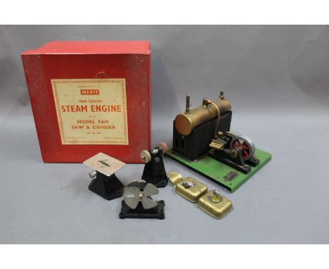 A Merit twin cylinder steam engine with model fan, saw &amp; grinder (Cat No. 1570)