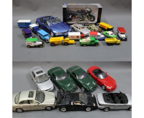 A group of 8 1/18 scale diecast model cars, consisting of Kyosho, Maisto, Burago, Hot Wheels, and Motor Max, together with a 