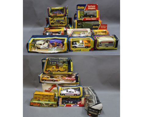 A box lot of Dinky and Corgi toys to include a Motorway Giant Atlas digger (984), a Starsky &amp; Hutch Ford Torino, and a Fo