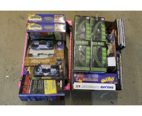 2 boxes of miscellaneous Harry Potter, "B.I.O-Bugs", Barbie, Action Man, and other models and games, to include Slime Chamber