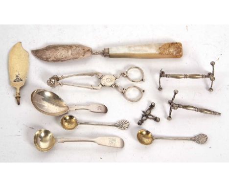 Mixed Lot:  A Georgian silver bladed butter knife with mother of pearl handle (a/f), Birmingham 1834, makers mark T.S, a Geor