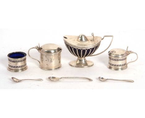 Mixed Lot:  An Edwardian silver pedestal mustard, the body of boat shape with pierced strap work design having a hinged domed