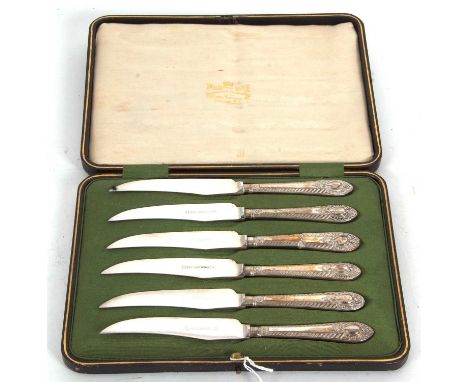 A cased set of six silver handed dessert knives, hallmarked for Sheffield 1936, makers mark for Mappin &amp; Webb