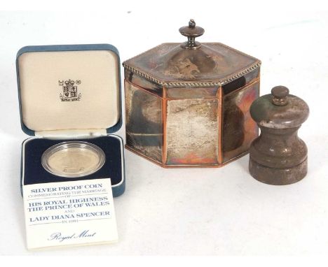 Mixed Lot: A hallmarked silver framed pepper mill, an old Sheffield plated tea caddy and a cased Prince of Wales and Lady Dia