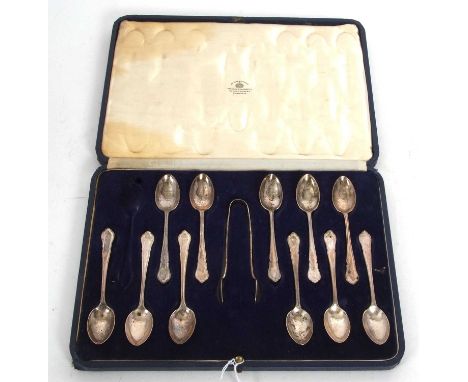 A part cased set of George VI silver tongs and eleven matching teaspoons, hallmarked for Sheffield 1937, makers mark for Mapp