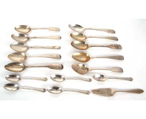 A group of fifteen various Georgian/Victorian and later teaspoons together with a small preserve fork, g/w 275gms