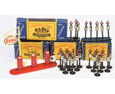Matchbox Accessory Packs to include A1 bright red Esso Petrol Pumps &amp; 3 x&nbsp; A4 set of British Road Signs - two box ty