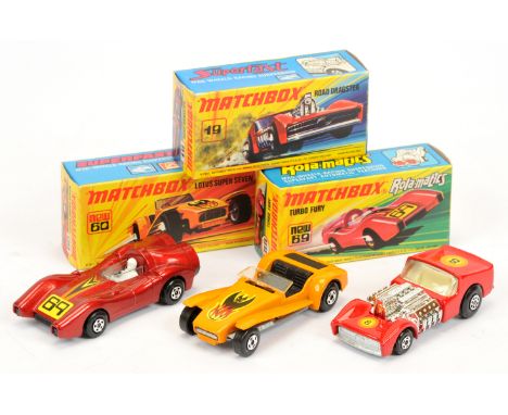 Matchbox Superfast group of Cars. (1) 19b Road Dragster - red body with vertical racing number 8 labels, clear windows, ivory