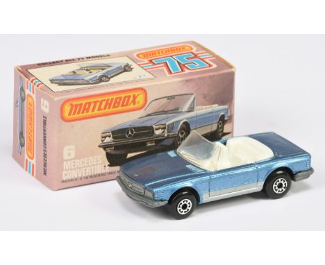 Matchbox Superfast 6c Mercedes Convertible - metallic light blue body with silver stripe, bare metal base, clear windscreen w