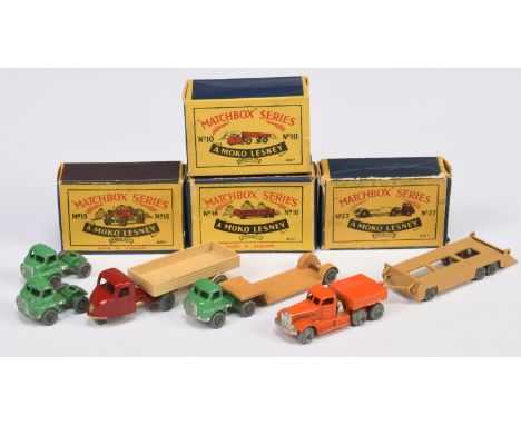 Matchbox Regular Wheels group (1) 15a Diamond T Prime Mover - Orange, silver trim, metal wheels with flat crimped axles (2) 1