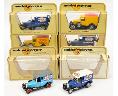 Matchbox Models of Yesteryear group of Y5 Talbot Vans to include 'Ever Ready' Trial models dark blue, white roof, tan seats, 