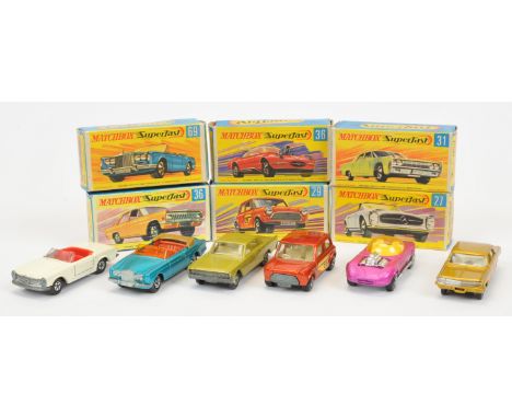 Matchbox Superfast group to include 27a Mercedes 230 SL - off white body, red interior, bare metal base, 5-spoke solid wheels
