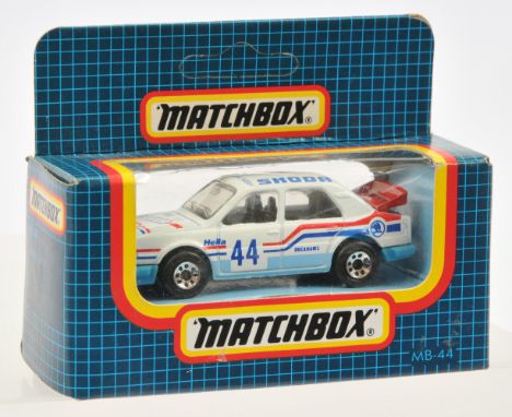 Matchbox Superfast MB44 Skoda 130 LR Rally Car - white body with blue & red racing number 44 tampo print which includes "Duck
