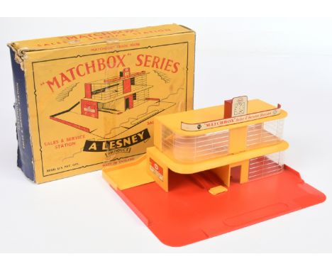 Matchbox "Sales &amp; Service Station" - red base, yellow buildings and ramp, red metal sign with "Esso" clock and "AA Matchb