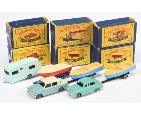 Matchbox Regular Wheels a group of Boats &amp; towwing vehicles to include 48a Meteor Sports Boat &amp; Trailer - light tan b