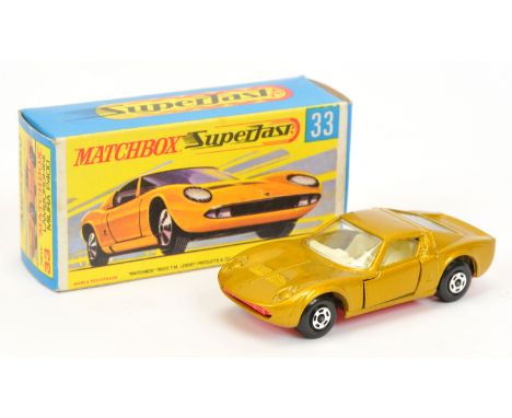 Matchbox Superfast 33a Lamborghini Miura - metallic gold body with high arches, clear windows, ivory interior, dayglo pink ba