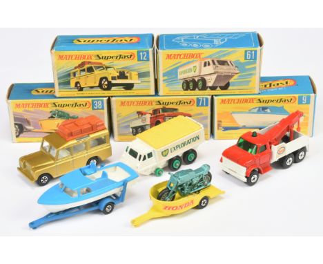 Matchbox Superfast group of early 1970's issue models to include 9a Cabin Cruiser &amp; Trailer; 12a Land Rover Safari - meta