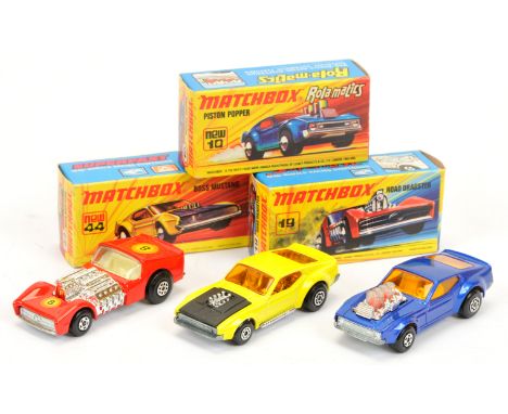 Matchbox Superfast group of early 1970's issue Cars. (1) 10b Ford Mustang Piston Popper - metallic dark blue body, dark amber