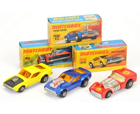 Matchbox Superfast group of early 1970's issue Cars. (1) 10b Ford Mustang Piston Popper - metallic dark blue body, dark amber