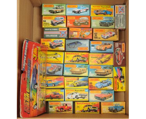 Matchbox, a mixed group of Cars Vehicles of Regular Wheels and Superfast In Reproduction and Custom Made Boxes to include, 29