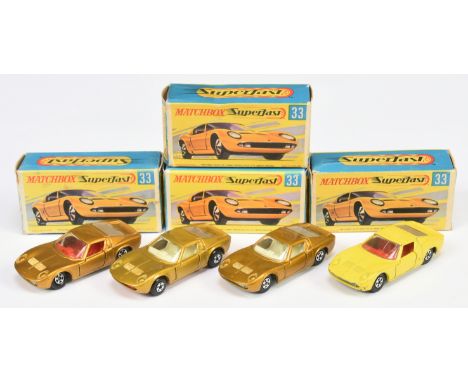 Matchbox Superfast 33a Lamborghini Miura group (1) lemon yellow body, clear windows, red interior, bare metal base with tow g