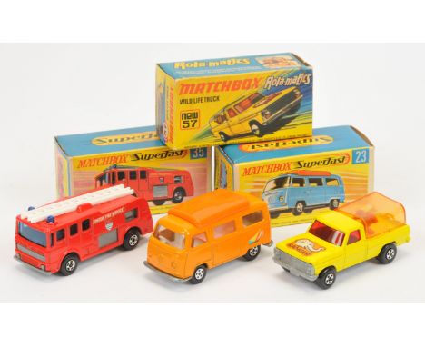 Matchbox Superfast early 1970s group (1) Volkswagen Camper Van - orange body with sailboat labels, orange plastic roof, clear