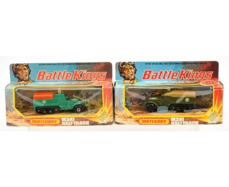 Matchbox Battle Kings K108 US Army M3 Half-Track pair (1) military green body with 5-pointed Star labels, dark tan plastic ca