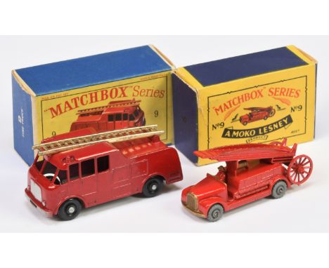Matchbox Regular Wheels Fire Engine pair (1) 9b Dennis Fire Engine - Stannard Code 2 - red, gold trim, ladder escape wheels w