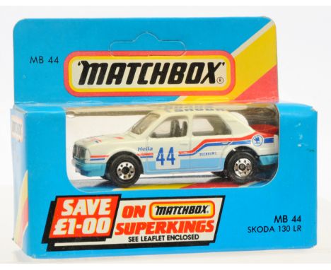 Matchbox Superfast MB44 Skoda 130 LR Rally Car - white body with blue & red racing number 44 tampo print which includes "Duck