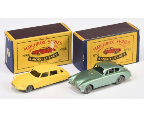 Matchbox Regular Wheels pair of late 1950s Cars (1) 53a Aston Martin DB2/4 - Stannard Code 1 - metallic silver-green body &am