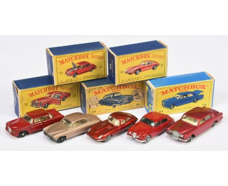 Matchbox Regular Wheels a group of Jaguar &amp; Mercedes Cars. (1) 28c Jaguar Mk.X - brown engine (2) 32b Jaguar E-Type - met