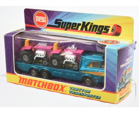 Matchbox Super Kings K-21 Tractor Transporter - metallic blue transporter with yellow interior with 2 x Superfast 25b Mod Tra
