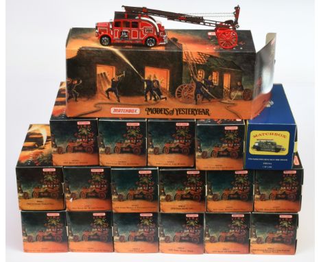 Matchbox Models of Yesteryear "Fire Engine Series" to include YFE01 1920 Mack AC Fire Truck, YFE02 Land Rover Auxiliary, YFE1
