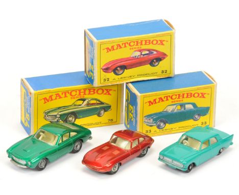 Matchbox Regular Wheels group of Cars (1) 32b Jaguar E-type - metallic light red, wire wheels with black tyres, clear windows