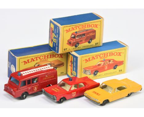 Matchbox Regular Wheels group including Emergency Vehicles (1) 20c Chevrolet impala Taxi - yellow, ivory interior (2) 57c Lan