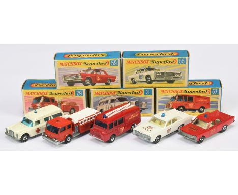 Matchbox Superfast Group of 5 Emergency Vehicles - (1) 3a Mercedes "Ambulance" - Off White body, (2) 29a Fire Pumper (bent re