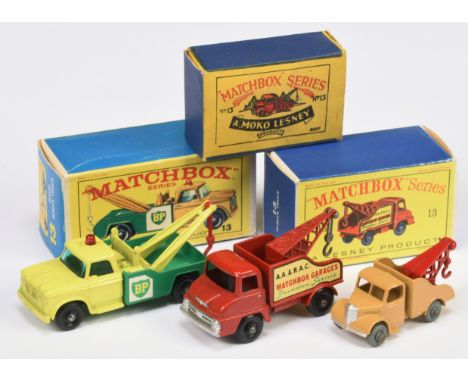 Matchbox Regular Wheels group of Breakdown Trucks (1) 3b Bedford Wreck Truck - tan body, red jib and hook, silver trim, metal