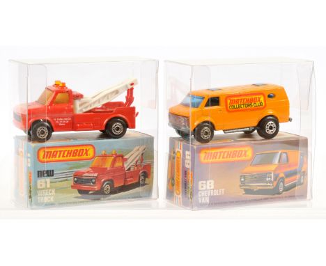 Matchbox Superfast pair of Code 2 Issues (1) 61d Wreck Truck "10 Treffen MCCD 05" (2) 68c Chevrolet Van - orange body with "M