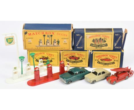 Matchbox Regular Wheels &amp; Accessories group - (1) 9a Dennis Fire Engine (2) 30a Ford Prefect - matt black base, metal whe