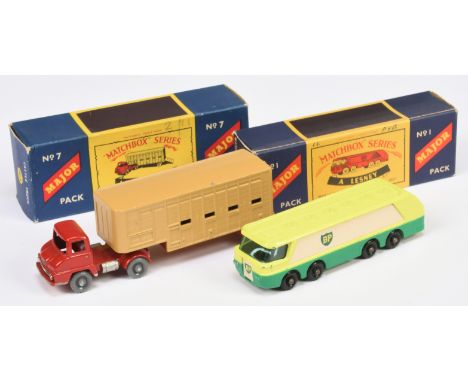 Matchbox Major Pack pair (1) M1 "BP" Autotanker - yellow, green, 24 tread black plastic wheels (2) M7 Ford Thames Trader Arti